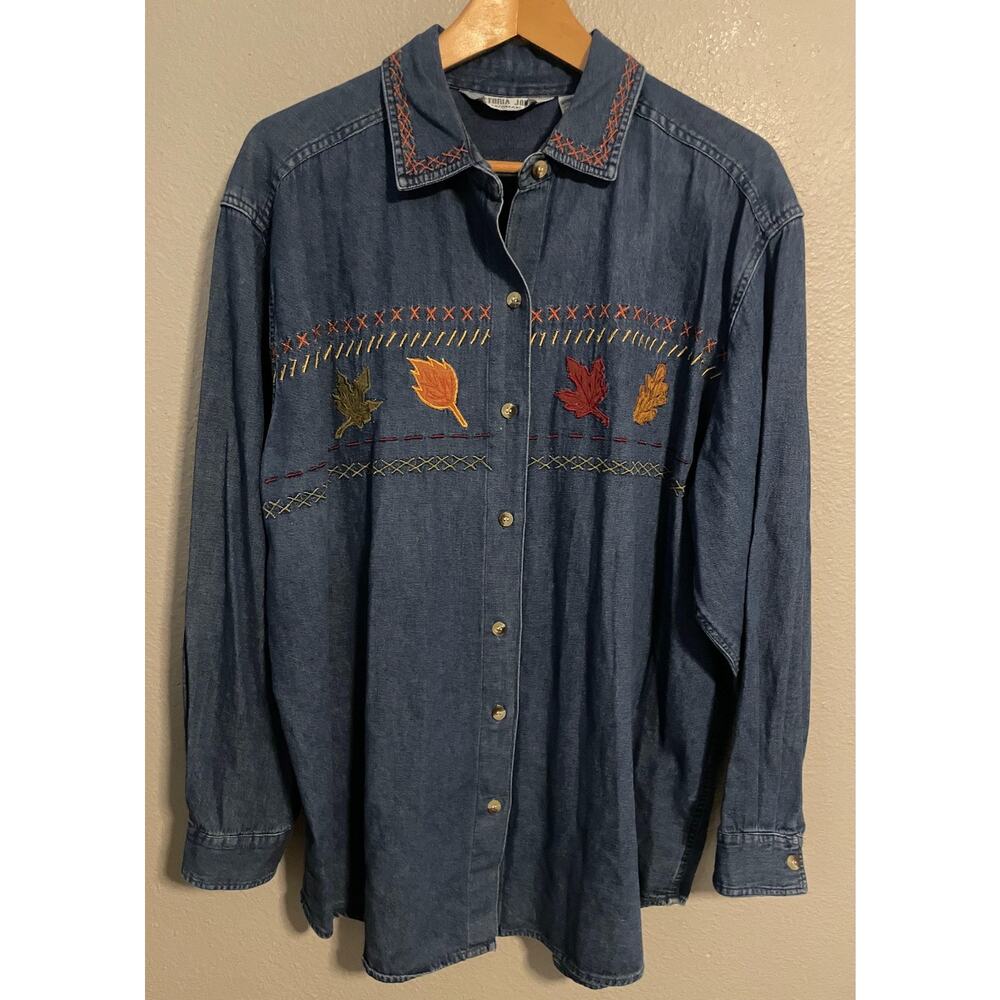 VTG Victoria Jones Woman Button Up Womens 1X Blue Denim Fall Leaf Embroidered